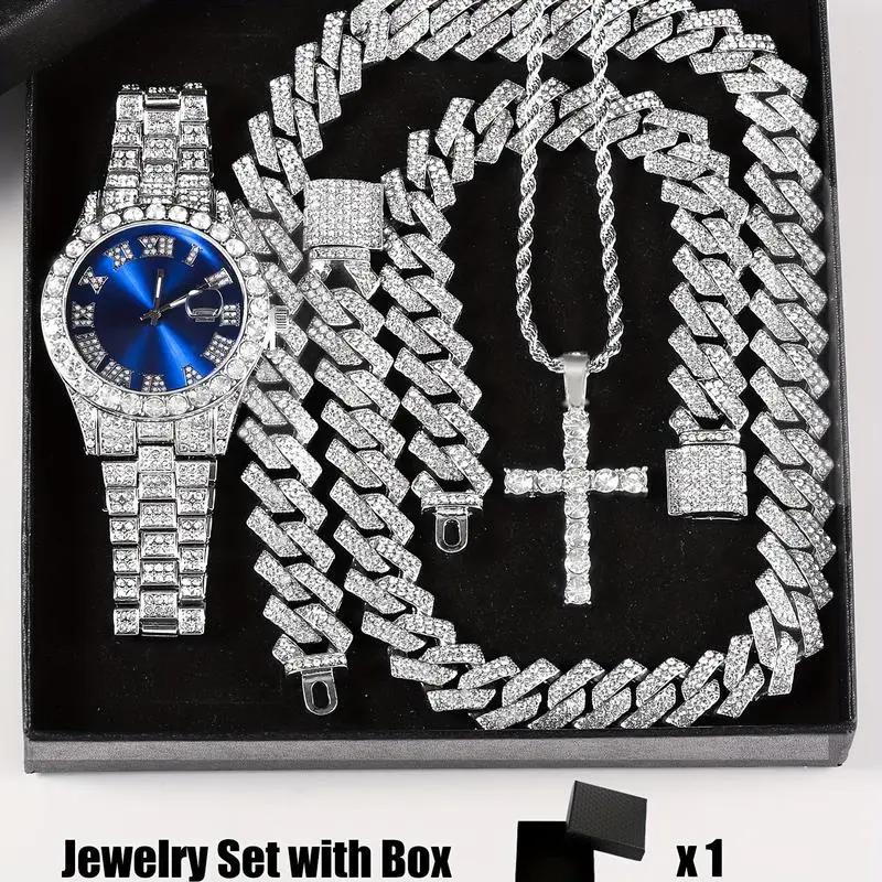 Moissanite Men's Rhinestone Wrist Watch & Cross Pendent Jewelry Set - 4pcs Set, Waterproof Quartz, Fashion Round Dial, Luxury Digital Vintage Watches reloj  para  hombres Iced Out Diamond Plated analog-digital watch high-end luxury business