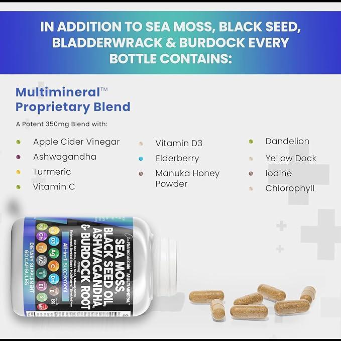 Sea Moss 3000mg Black Seed Oil 2000mg Ashwagandha 1000mg Turmeric 1000mg Bladderwrack 1000mg Burdock 1000mg & Vitamin C & D3 With Elderberry Manuka Dandelion Yellow Dock Iodine Chlorophyll ACV