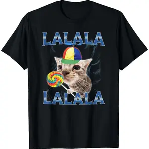 Silly Lalala Cat Meme with Propeller Hat and Candy T-Shirt