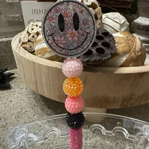 Smiley Face Custom Made Pen with Colorful Beads and Floral Design for Unique Writing Experience