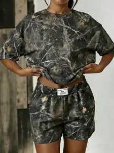 Women's Comfortable Camo Print Loose Short Sleeve T-Shirt & Elastic Waist Shorts Set, Versatile Two-Piece for All Seasons
