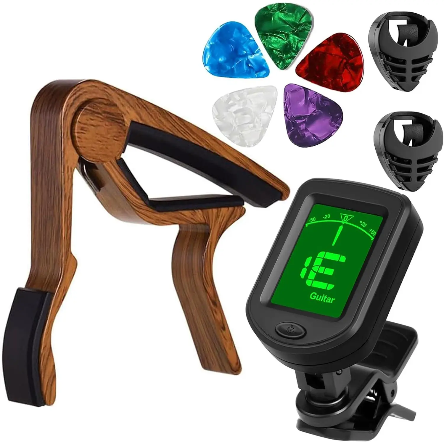 Guitar Accessory Kit, Clip- Tuner, Rosewood Capo with 5 Picks for Acoustic/Electric Guitar, Bass, Ukulele, Violin - Beginner  Set
