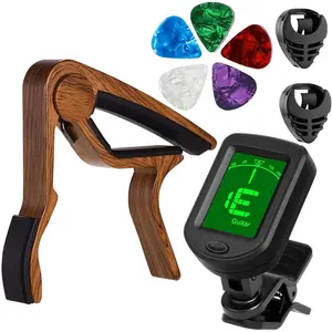 Guitar Accessory Kit, Clip- Tuner, Rosewood Capo with 5 Picks for Acoustic/Electric Guitar, Bass, Ukulele, Violin - Beginner  Set