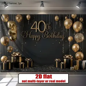 A flat 2D party banner, inspired by a 40th birthday celebration, features black and gold balloons as well as gift box patterns. This polyester decorative item can be used as a photo backdrop.