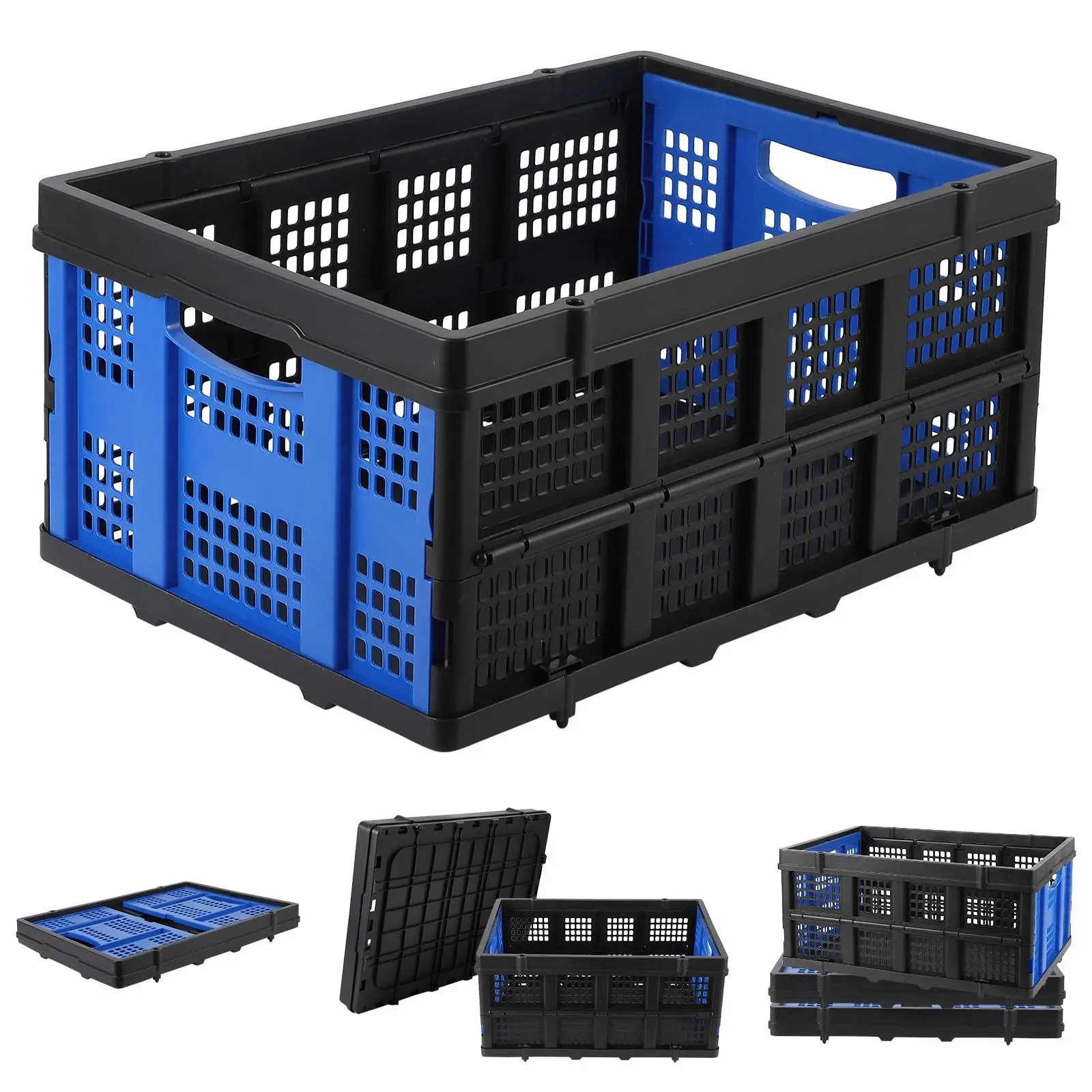 55L/14.5 GAL Collapsible Storage Crate, Collapsible Storage Crate with Handles, Multi-Purpose Organizer Basket for Car Trailer Garage Home Office and Kitchen, Blue