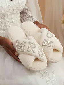 MRS. R Bridal Party Must-Have: Cozy White Fur MRS Slippers X-Strap Plush Slippers with Pearl Rhinestone Heart Design, Customizable Letter R, Casual Indoor Shoes for Women, Perfect Gift