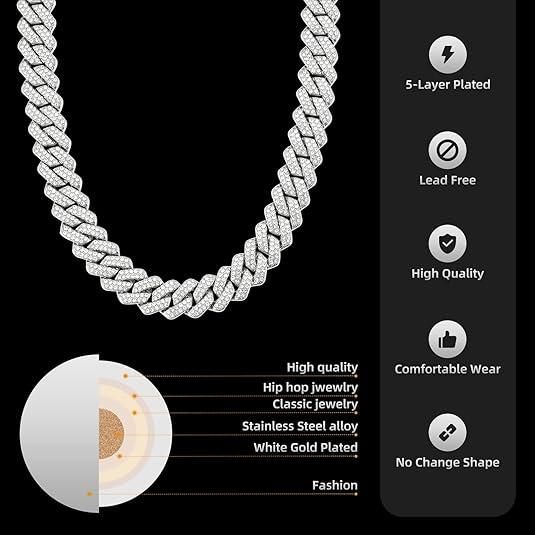 Cuban Link Chain for Men Women Iced Out Silver/Gold/Rose Gold Miami Cuban Necklace Bling Diamond Chain Hip Hop Jewelry punk accessory