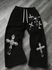Men's Loose-Fitting Straight Leg Pants, Elastic Waistband, Side Pockets, Gothic Pattern Jesus Cross, Unisex Streetwear Casual, Casual Streetwear Trousers
