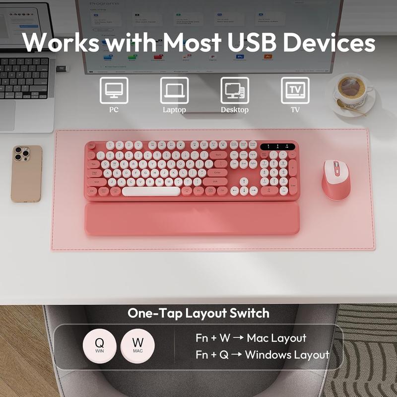 Wireless Keyboard and Mouse Combo, Typewriter Keyboard with Detachable Wrist Rest, Full-Size Retro round Keycaps, Smart-Sleep, 2.4Ghz Stable Connection for Mac/Windows/Pc, Trueque(Blush Pink)