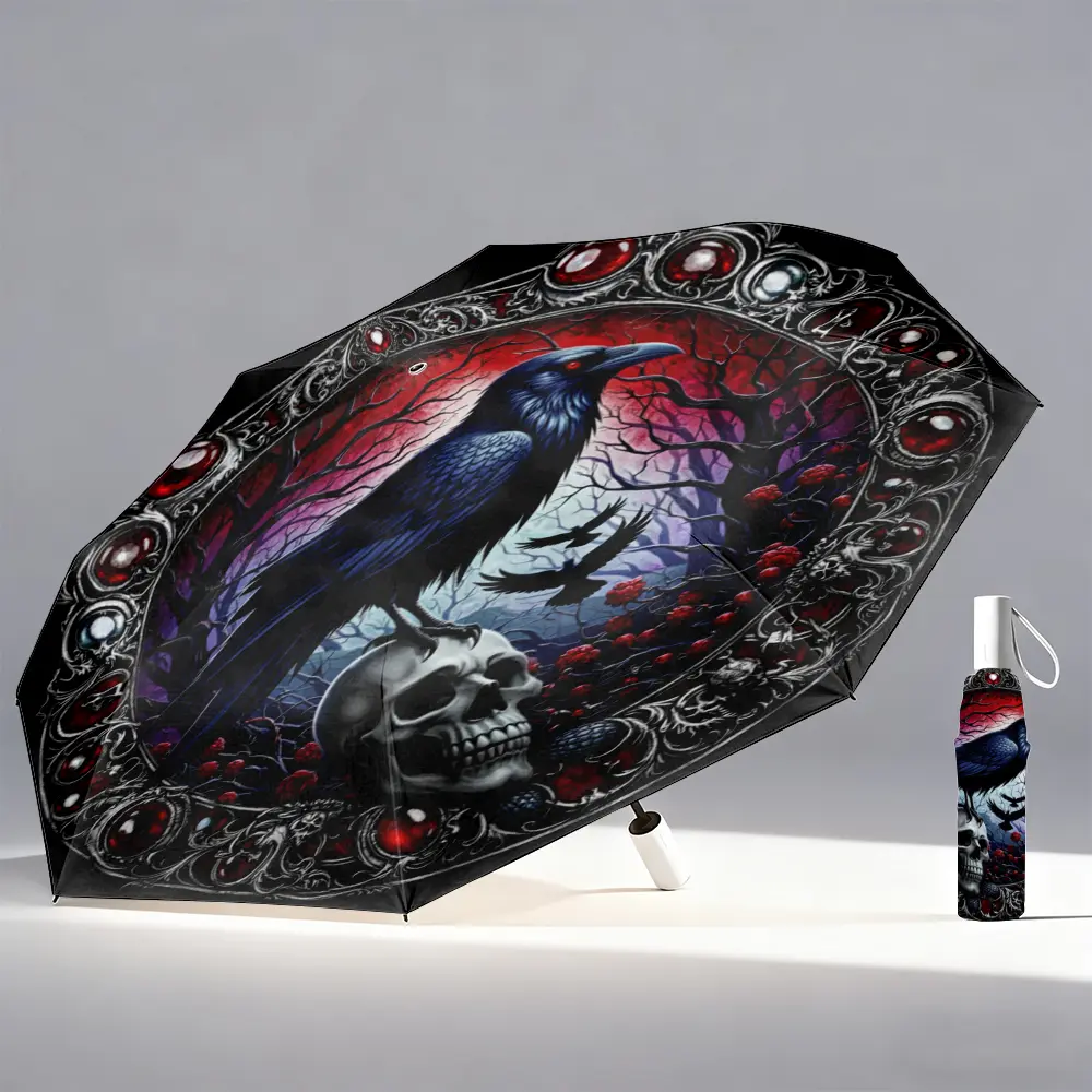 1 Piece Stained Glass Raven Skull Umbrella – Gothic Halloween Design, Red and Black Raven, Sturdy Iron Frame with 8 Ribs, Manual Open/Close Compact Travel Umbrella for All Seasons, Portable Outdoor Umbrella for Men and
