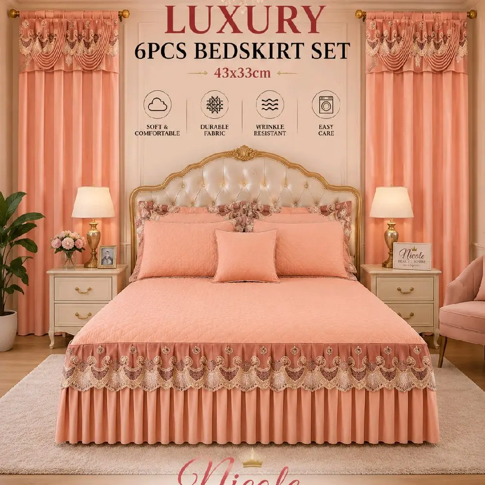 Luxury 6PCS Bedskirt Sheet Set – Peach Pink Embroidered Microfiber Bedding Set