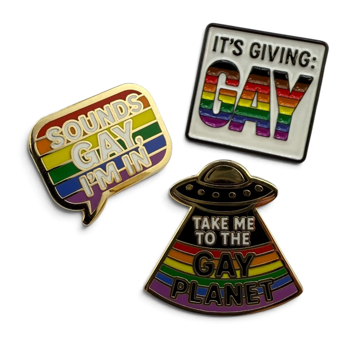 3-Piece Funny Gay Pride Enamel Pin Set - It's Giving Gay, Sounds Gay I'm In, Take Me to the Gay Planet, LBGTQ+ Rainbow Pride Fashion Accessories Gift Brooch Badge Durable Pins for Backpacks, Jackets, Lanyards