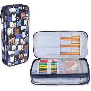 Knitting Needles Case(up to 10-Inch), Travel Organizer Storage Bag for Circular and Straight Knitting Needles, Crochet Hooks and Knitting Accessories, Blue Cats-NO ACCESSORIES INCLUDED