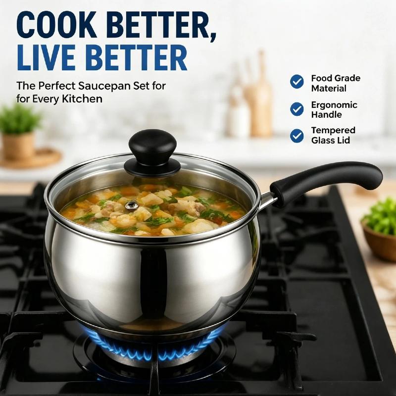 6PCS Stainless Steel Saucepan Set with Glass Lids, Milk Pot Cookware Set, Durable Easy to Clean, Even Heating, Ergonomic Handle for Soup, Milk, Noodles, Home Kitchen Cooking
