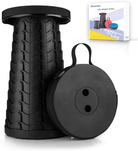 Folding Telescopic Stool Portable Adjustable Height Collapsible Camping Stool Lightweight Outdoor Travel Fishing Hiking BBQ Compact Carry Stool Black
