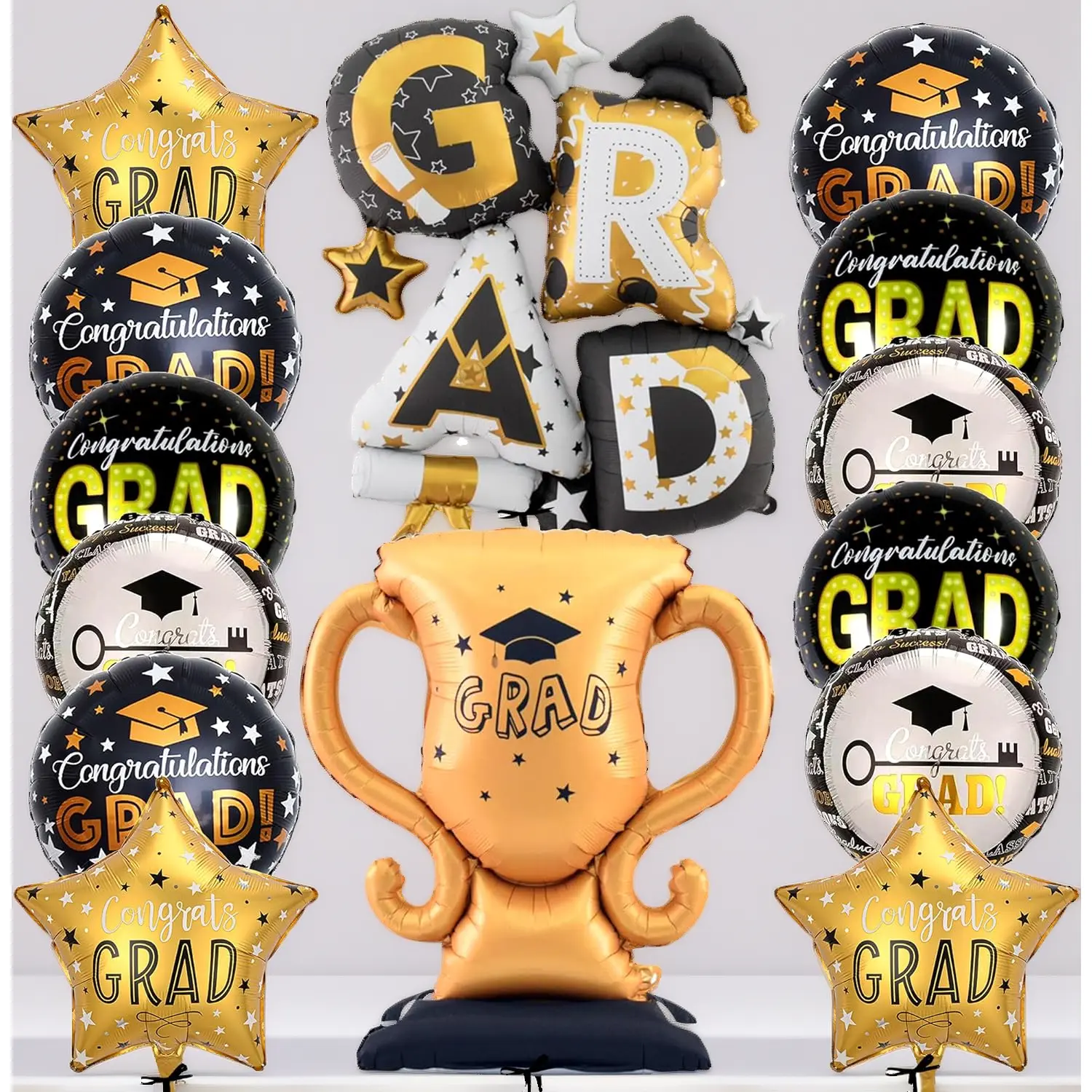 14 Pieces, Graduation Balloons for Graduation Decorations 2026 - Giant 43 Inch Grad Balloons, 39 Inch Trophy Balloon |   Black and Gold Graduation Party Decorations2026, Congrats Grad Balloon