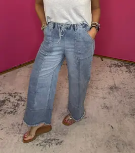 Drawstring Raw Hem Wide Leg Denim Pants