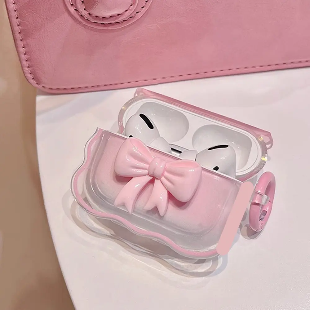 For AirPods Pro3 4 3 2 1 Pro Cute Wave Case Girly 3D Pink Bow Soft TPU Kawaii Generation Cover with Kit Keychain Girls Women
