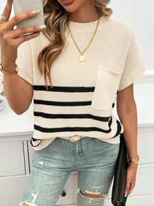 Women's Striped Print Sweater, Lightweight Pullover, Casual Short Sleeve Round Neck Jumper for Daily Wear, Ladies Knitwear for All Seasons, Sweatshirt, Knitted Clothes, Tops