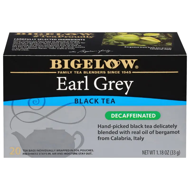 Bigelow Earl Grey Decaffeinated Bagged Black Tea Bags - 2-Pack (20ct Each), Bergamot Oil Scented, Caffeine-Free, Fat-Free, Smooth Flavor, Gourmet Pantry Beverage, Relaxing Hot Drink