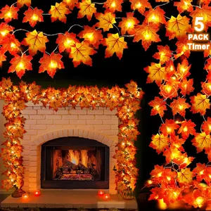 [ 5 Pack & Timer ] Fall Decor Fall Garland Lights Total 100LED 50Ft Enlarged Maples Leaf String Lights  Operated Autumn Fall Decorations for  Halloween Light Thanksgiving Decor Party Indoor