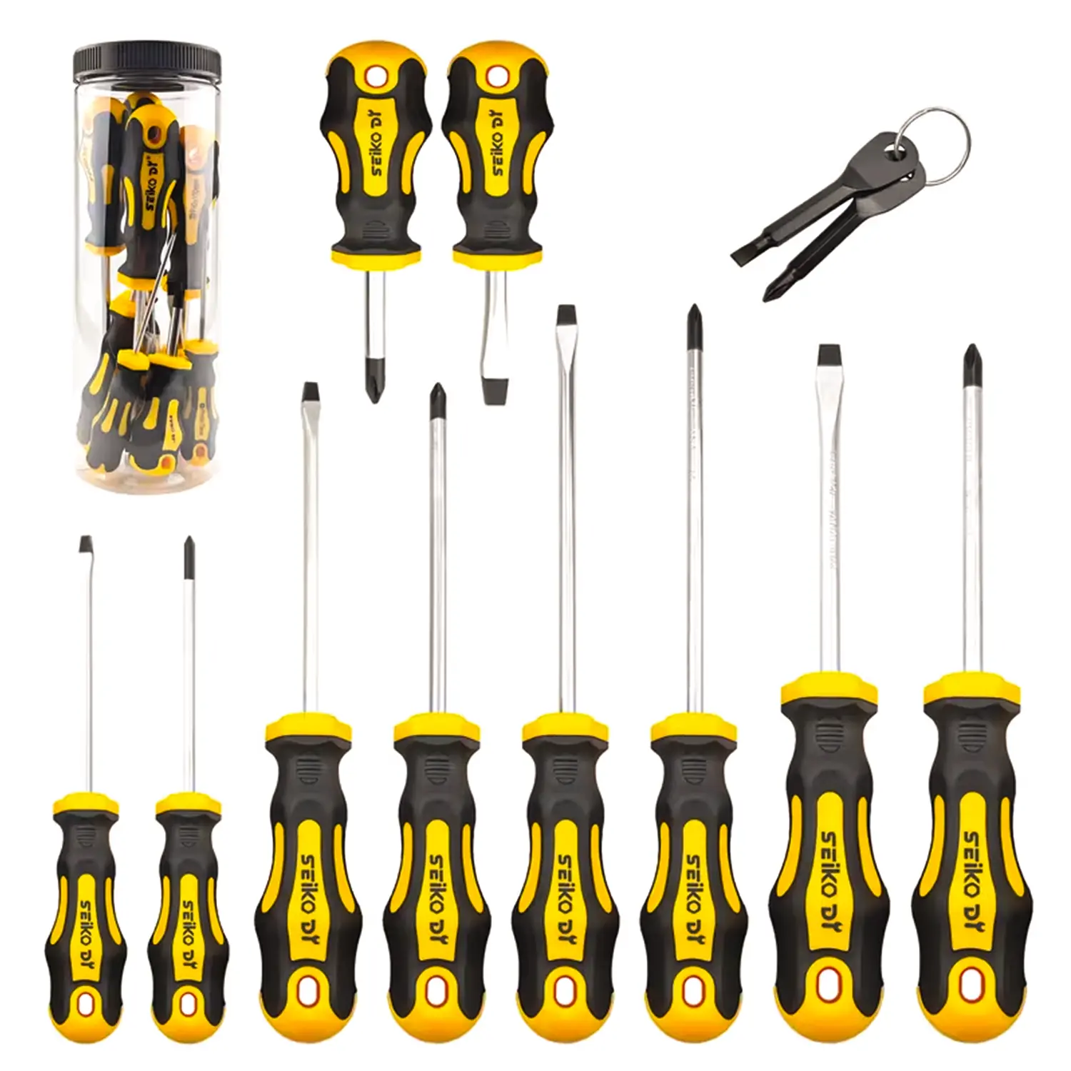 12-Piece Magnetic Screwdriver Set, including 5 Phillips-head and 5 flat-head bits, plus 2 portable multifunctional mini screwdrivers, featuring ergonomic soft-grip handles (yellow)