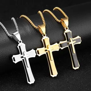 Men's Stainless Steel 3-Layer Zircon Cross Pendant Necklace, 6mm Byzantine Chain, Cross Necklaces, Ideal Gift for Men, Summer Vibes