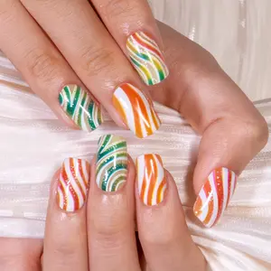 Curvlife medium squoval striped False Nails glitter green glossy shiny Easy Apply Nail Art