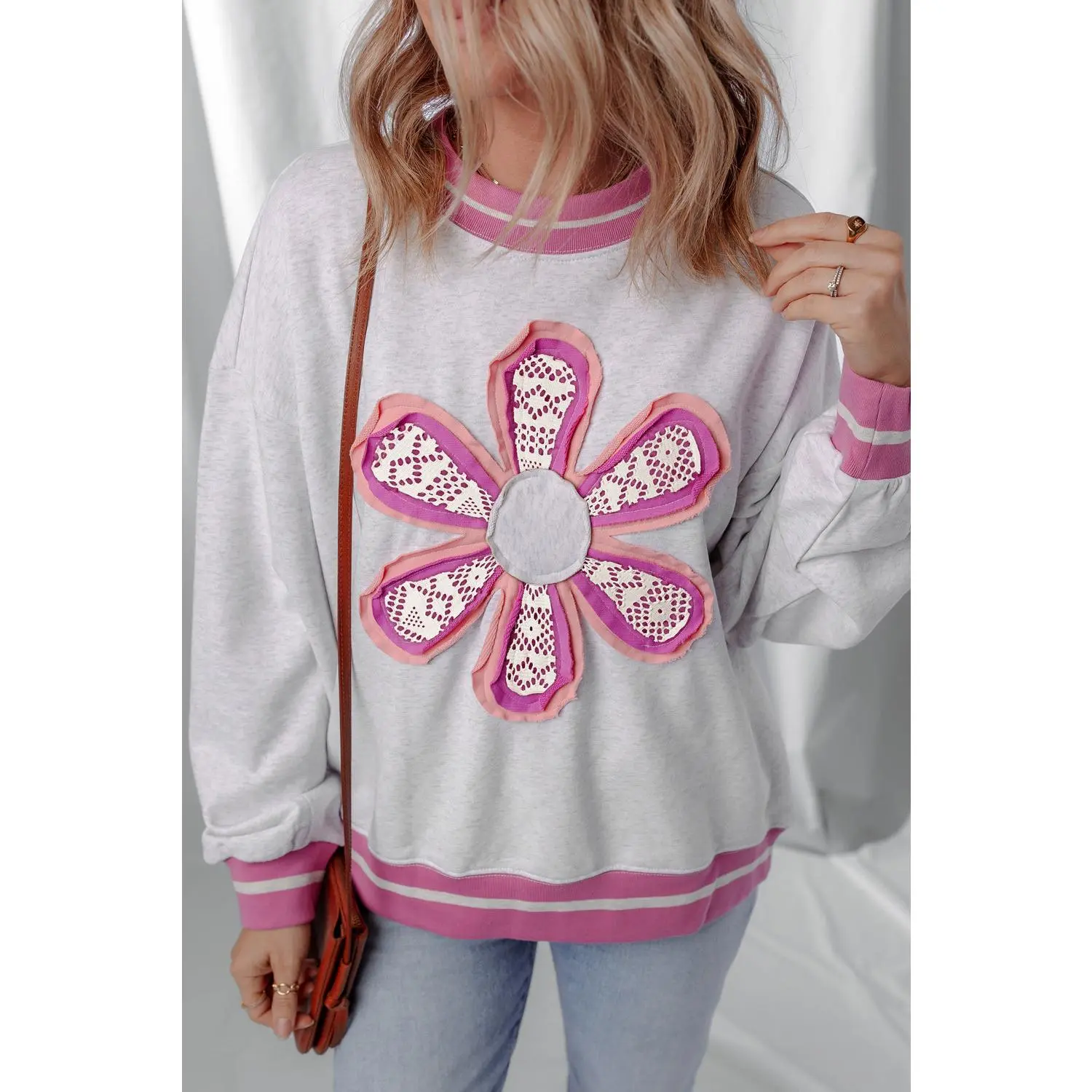 Gray Flower Patch Contrast Trim Crew Neck Sweatshirt
