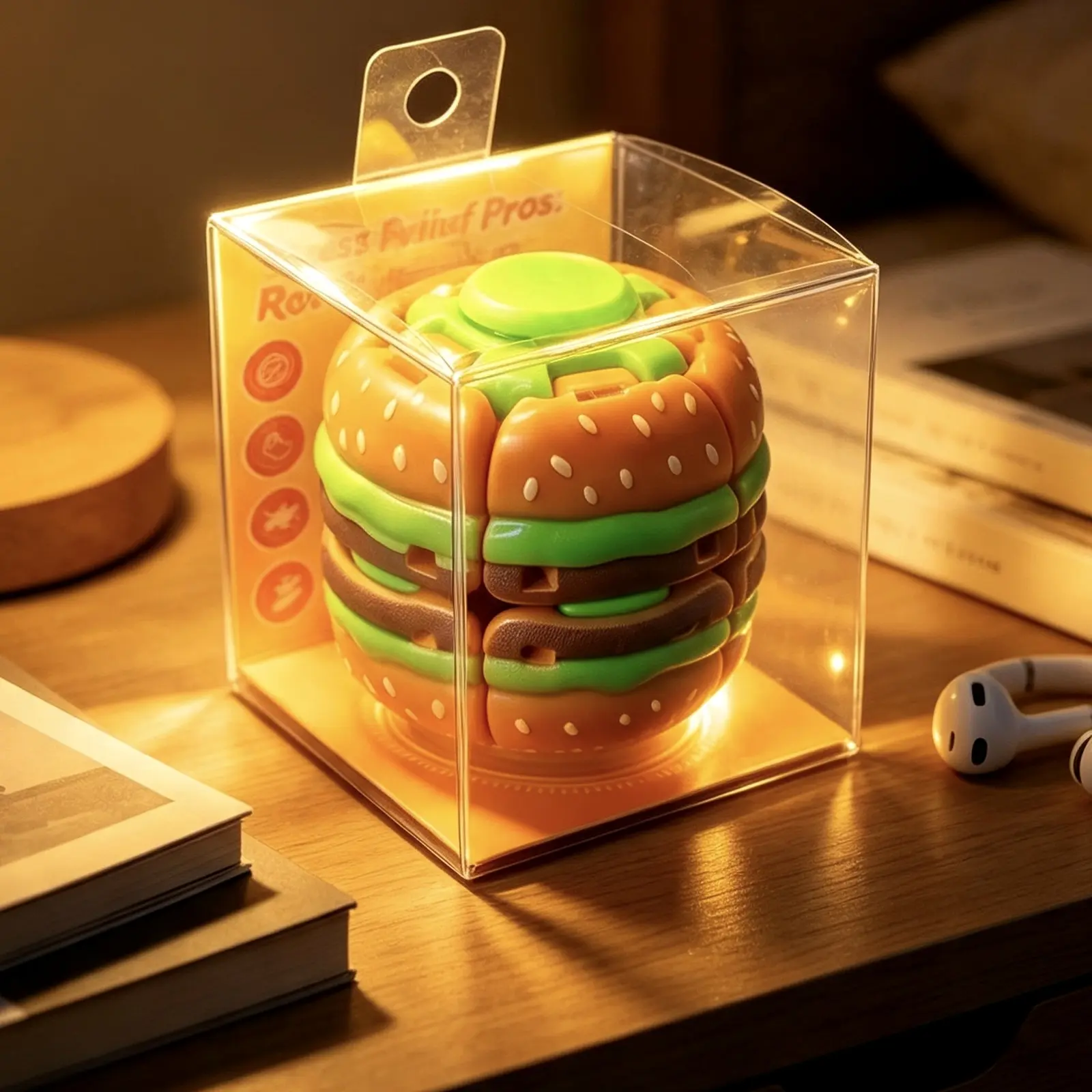 Burger Fidget Toy with Clear Display Box, Press-to-Spin Novelty Desk Gift