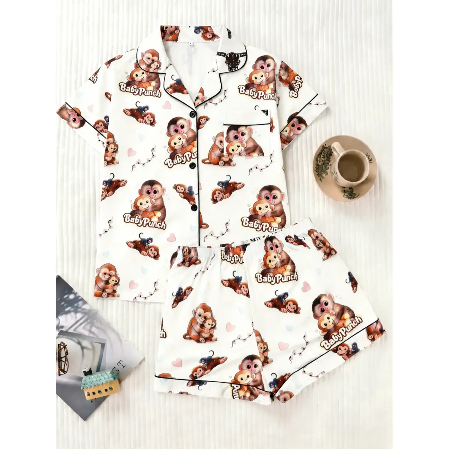 Women's Adorable Cartoon Monkey Print Sleepwear Set, Ultra-Soft and Smooth Fabric, Relaxed Fit, Casual Short Sleeve Top and Shorts, Perfect for All Seasons, Cute Pajama Loungewear