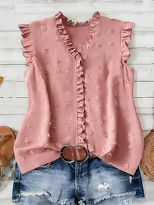 Women's Pink Sleeveless Ruffled Jacquard Blouse, Slim Fit Slight A-Line Silhouette, 3D Small Cluster Jacquard, French Gentle & Sweet Style Top for Spring & Summer