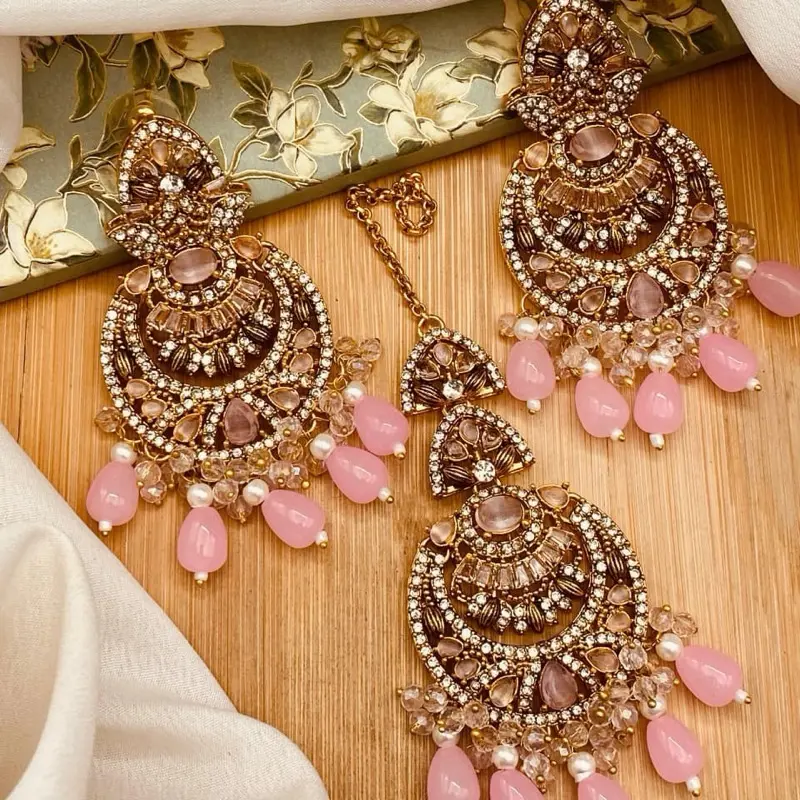 Pakistani Pink Pearl Zarcon Tikka set || Bridal Tikka set || Indian Jewelry || Wedding Jewelry