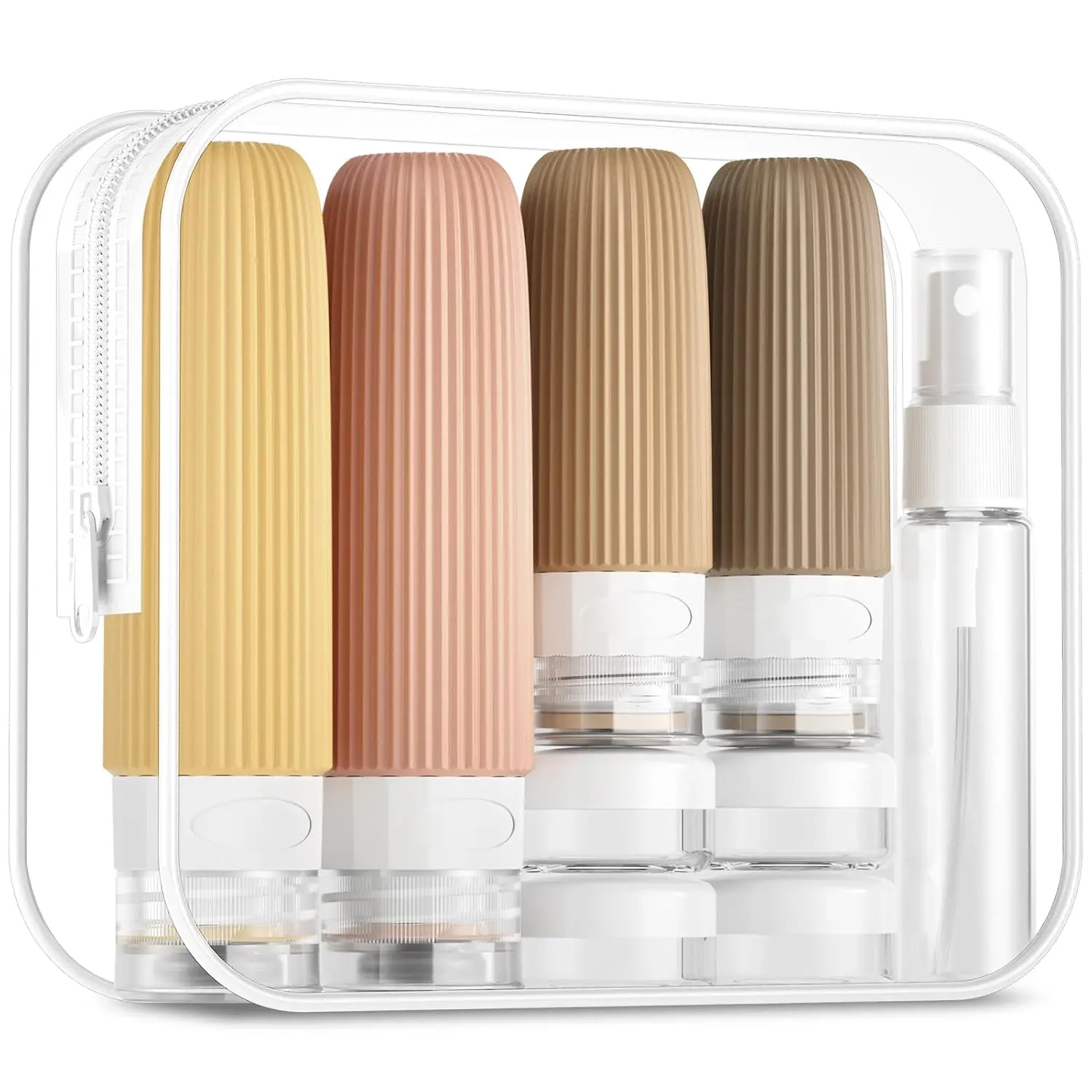 14 Pcs Travel Size TSA-Compact Handy Squeeze Dispensing Containers for Thick Liquid Pour, with Transparent Plastic Cosmetic Bag