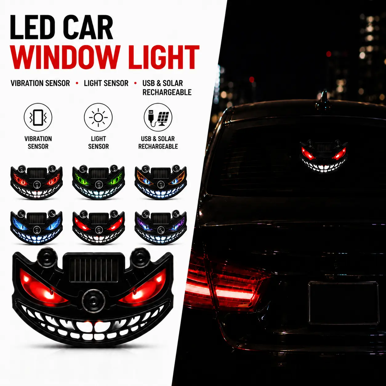 Spooky LED Car Window Light, Evil Smile Face Rear Window Light with Smart Sensor, Solar Powered Car Decoration for Night Driving-YY