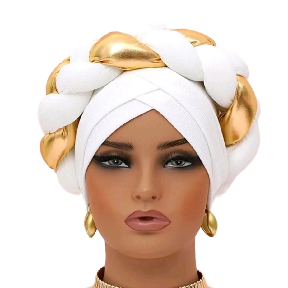 Double Layer Twist Turban - White and Gold Braided Design for Stylish Headwear