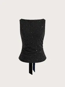 Women's Rhinestone Bow One Shoulder Vest Top, Elegant Sleeveless Backless Design, Perfect for Parties and Special Occasions