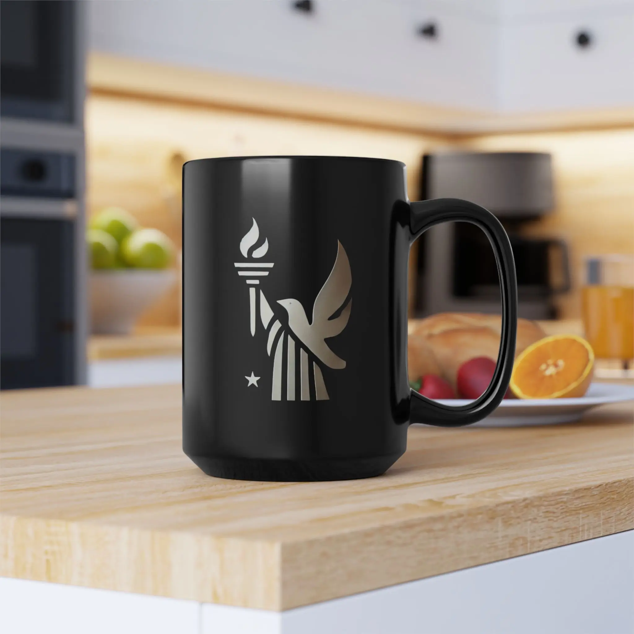 15oz Black Ceramic Coffee Mug with Freedom & Liberty Symbol – Glossy Finish, Large Handle, BPA-Free