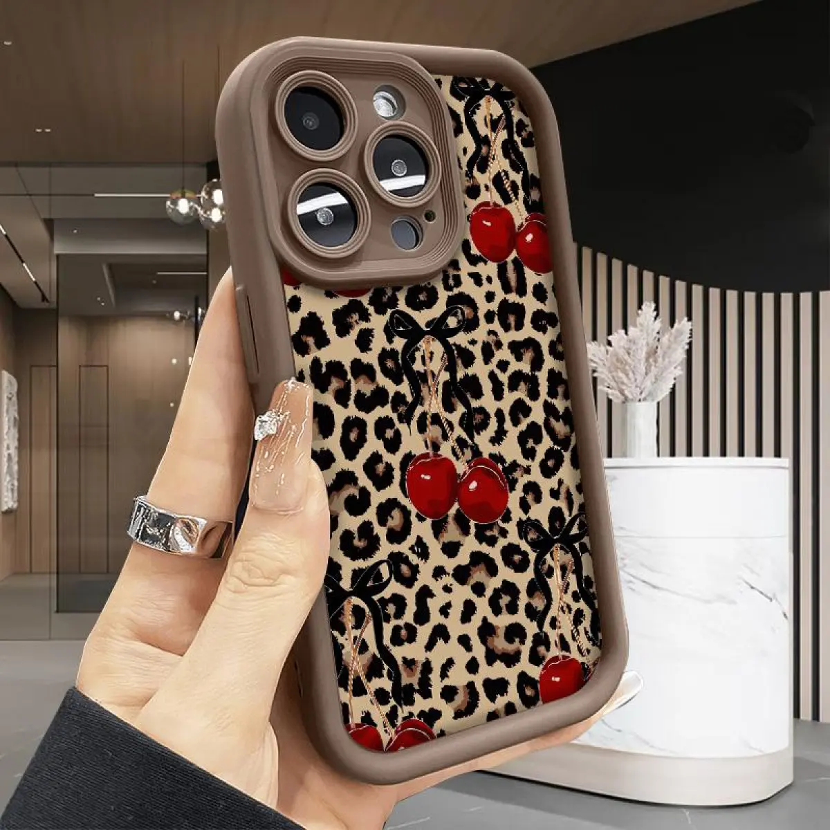 Rugged Soft Silicone Phone Case - Soft Silicone Cover with Protection, Drop-Resistant Design, Comfortable Grip for iPhone 17,16,15,14 Pro Max,13,12,11,XS,SE,P - Patterned Cherry Leopard Print Mobile Accessory Gift Idea