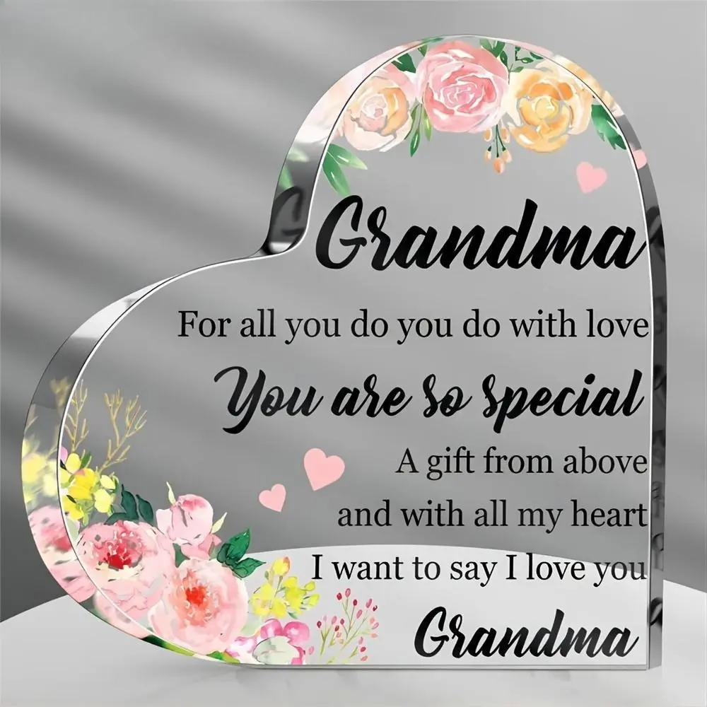 Acrylic Floral Heart Shape Decorative Plaque Gift for Grandma-Birthday New Gift-Desktop Display Plaque for Grandma,Thanksgiving,Gift for Grandma From Granddaughter Grandson