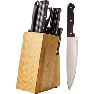 Basics 14-Piece High Carbon Stainless Steel Kitchen Knife Set with Full Tang Construction, Ergonomic Handles, Sharpener and Pinewood Block, Black