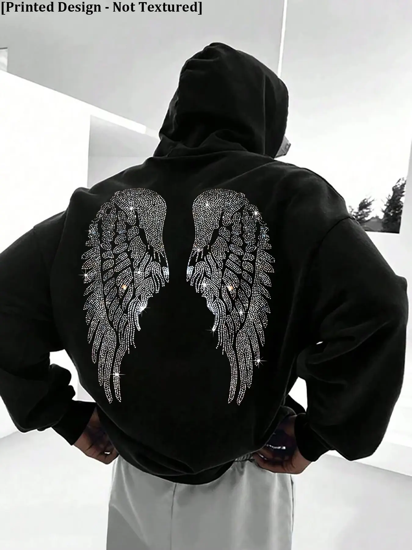 Spring & Autumn New Men's Fitted Casual Drawstring Hooded Long Sleeves Hoodie, Graphic Hooded Sweatshirts with Pockets, Rhinestone Wing Print! Black base with sparkling wing design, shiny and textured, ideal for trendy casual looks that stand out.