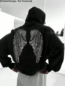 Spring & Autumn New Men's Fitted Long Sleeves Hoodie, Sweatshirts with Pockets, Rhinestone Wing Print! Black base with sparkling wing design, shiny and textured, ideal for trendy casual looks that stand out.