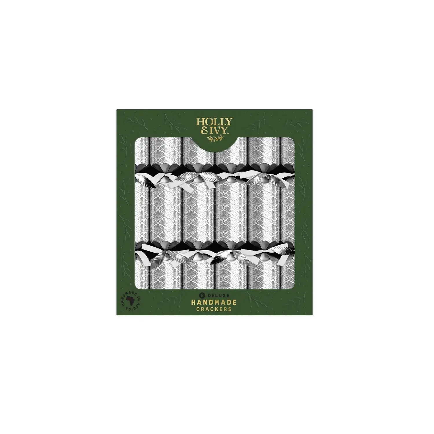 14" Silver Scallop Pattern Holly & Ivy Deluxe Christmas Party Crackers - 6 Pc, Ideal for Holiday Gathering, Wooden