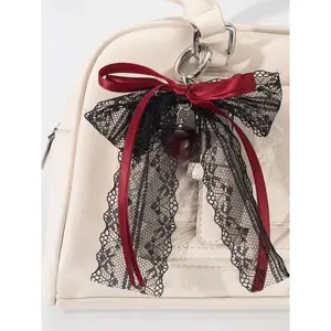 Lace Bow Keychain, Hollow Ribbon Cherry, Y2K Fashion Design, Charm Delicate Backpack Key Chain, Valentine's Day Gift Accessory, Trendy Cute Keychain