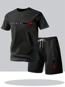 Men's Summer Paris Print Tee and Shorts Set, Casual Loose-Fit Quick-Dry Breathable T-Shirt with Pockets, Elastic Waist Short Pants