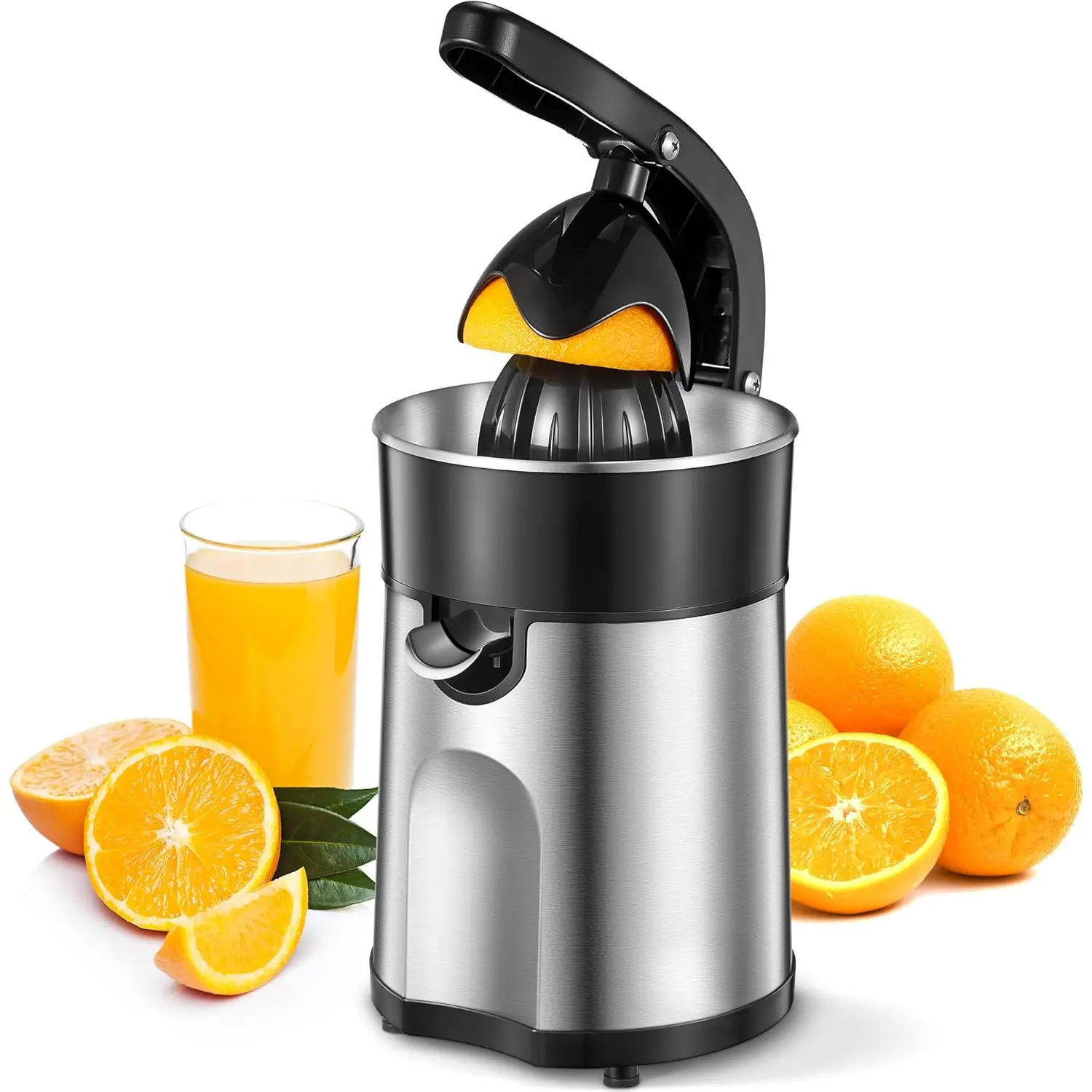 Professional Brushed Stainless Steel Electric Citrus Juicer, 2 Interchangeable Cones for Orange, Lemon & Grapefruit, Easy Clean, Durable Design & Effortless Operation
