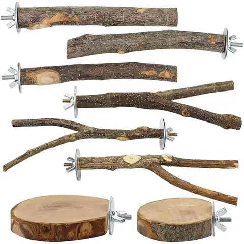 8-Piece Natural Wooden Perch Bird Toys Set, Durable Pet Bird Supplies with Parrot Stand, Fork Plaything, Hanging Multi-Branch Platform, Hammock Swing, Interactive Accessory - 8-Piece Variety, Safe Surface for Play & Rest, Ideal for Budgies