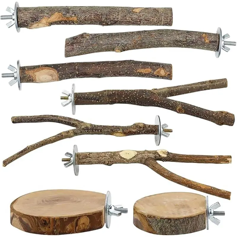8-Piece Natural Wood Bird Perch Set - Durable Pet Supplies, Playful Toys, Habitat Decor with Parrot Stand, Fork Toys, Hanging Multi-Branch Platform, Hammock Swing - For Parakeets, Interactive Toy, Natural Wooden