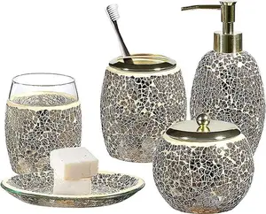 Bathroom Accessory Set - Accesorios de Baño - 5-Piece Decorative Glass Bathroom Accessories Set - Soap Dispenser, Tray, Jar, Toothbrush Holder - Mosaic Glass (Gold)